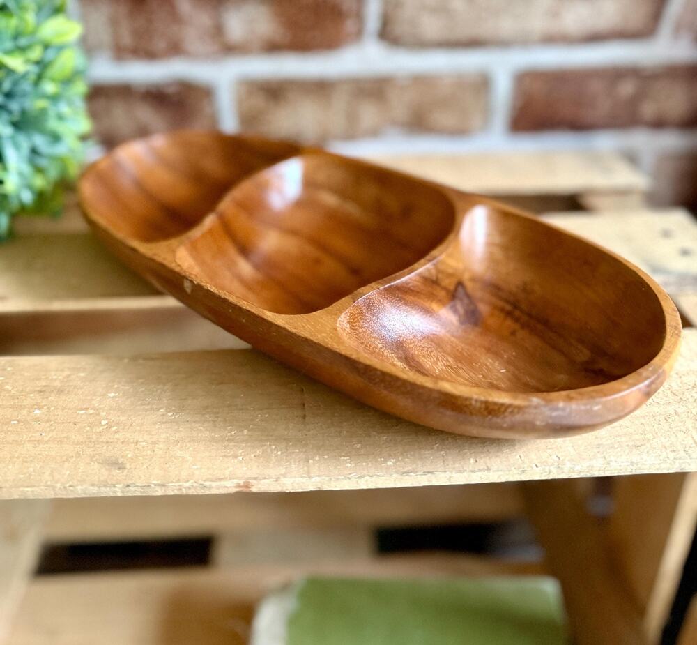 Vintage Monkey Pod Wood Divided Serving Bowl | Mid Century Modern Tiki